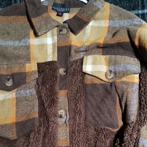 Discreet Kids' Brown and Mustard Plaid Sherpa-Lined Puffer Jacket